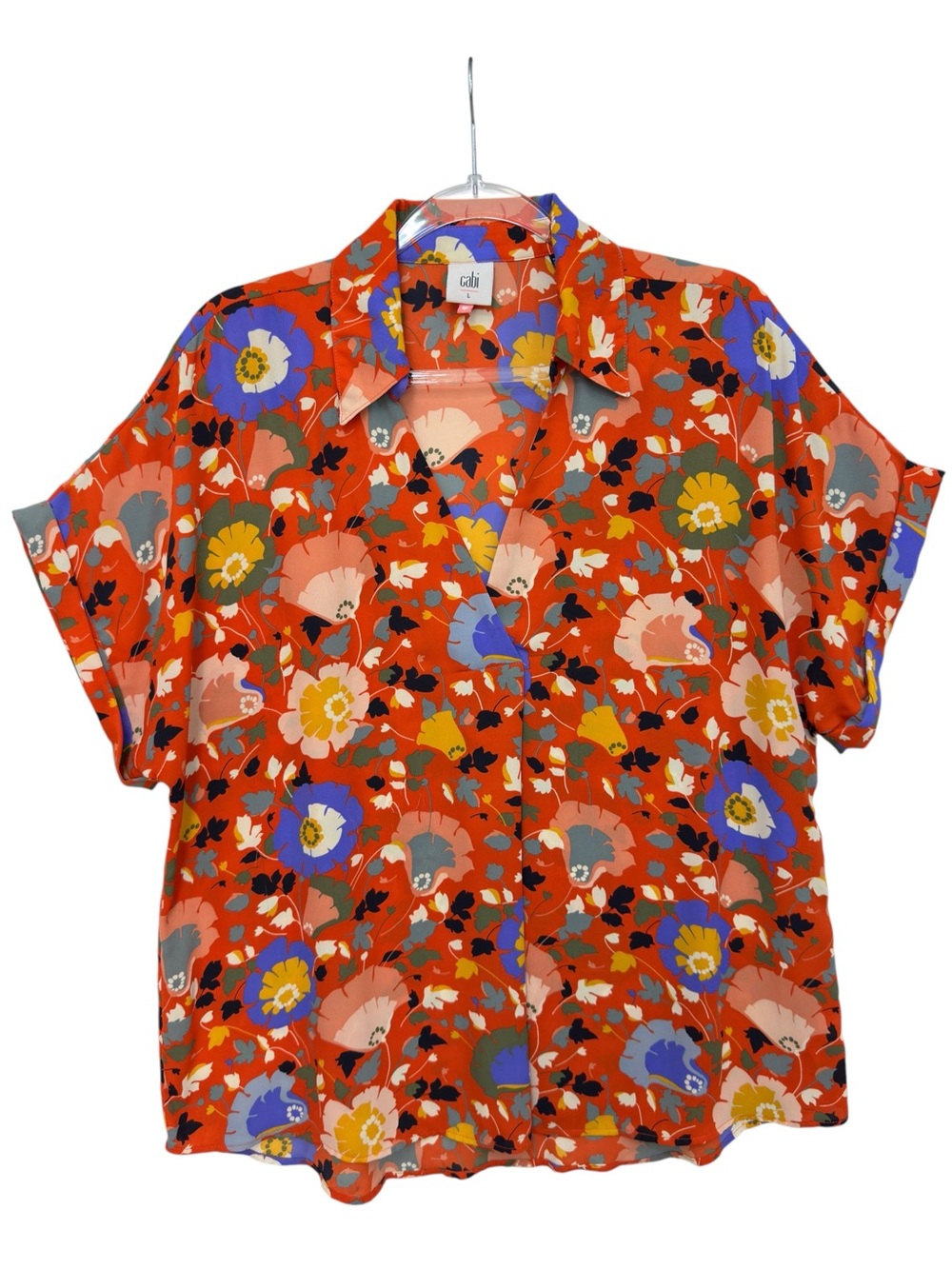 Silky Chiffon Knit Floral Leafs Popover Blouse Shirt